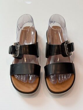 ALDO Black Two-Strap Buckle Slide Sandals